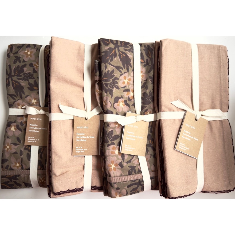 West Elm Napkins, Set of 16, Blake Floral & Picot Edge Burgundy NWT, Retail $176